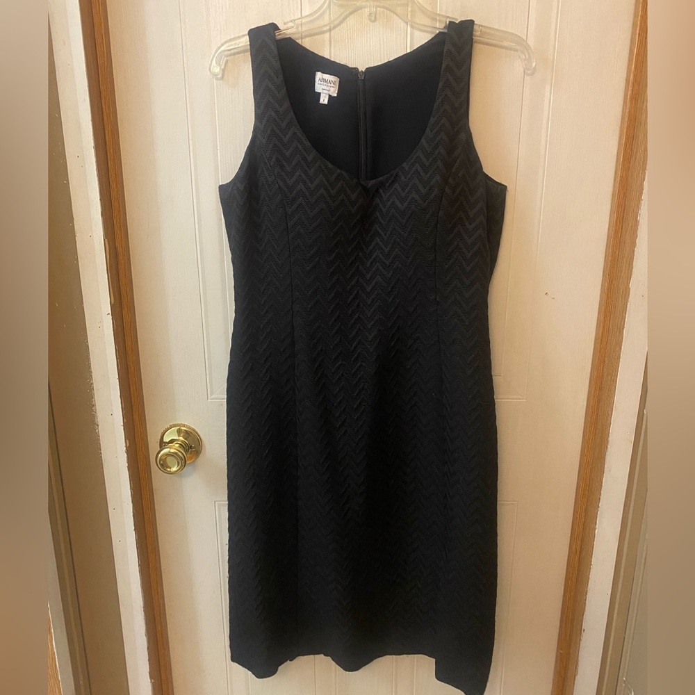 VTG Armani Collezioni Black Textured Chevron Midi Sheath Dress